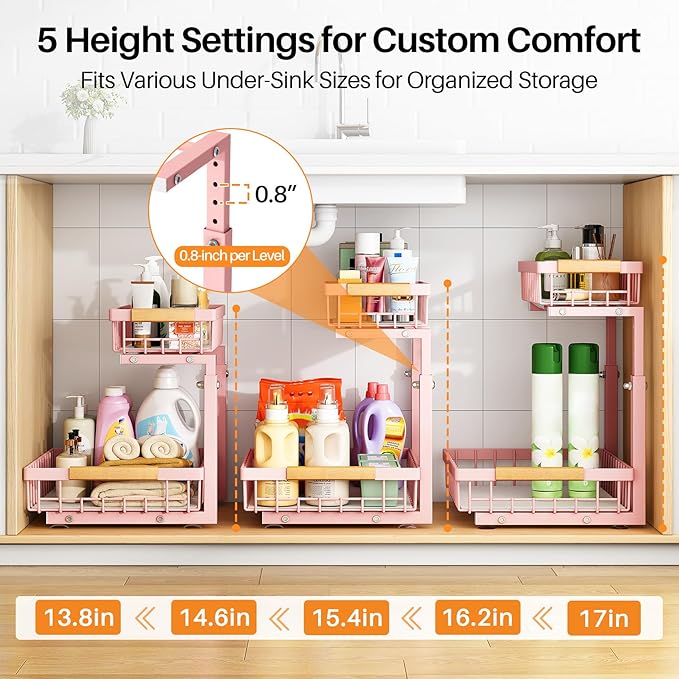 PXRACK Under Sink Organizer, Adjustable Height, 2 Tier Pull Out Under Cabinet Organizer, Slide Out Thickened Metal Under Sink Storage for Kitchen Bathroom Laundry Pantry Cabinet, Pink, Large-2-Pack