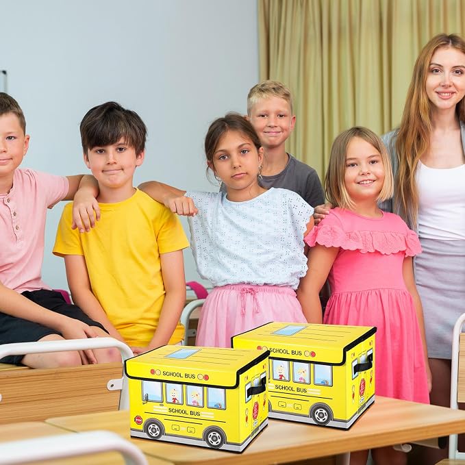 Sweetude 4 Pcs Prize Box for Classroom, School Bus Treasure Chest With Lid, Foldable Storage Organizer Bin for Kids, Teachers, Students - Toy Awards
