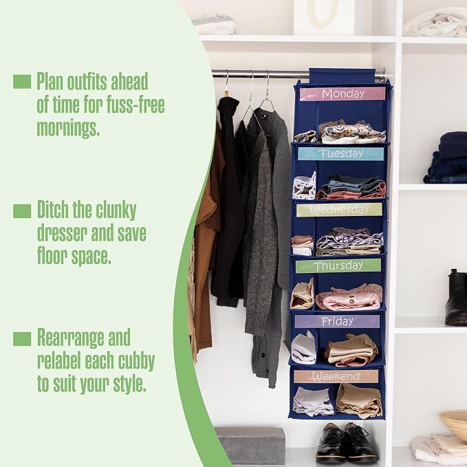 Kids Clothes Organizer, Closet Daily Outfit Storage, Hanging, 6 Shelf Blue | Houseables Weekly Clothes Organizer for Kids, Monday through Friday Clothing Planner, Day of the Week, Weekday, School
