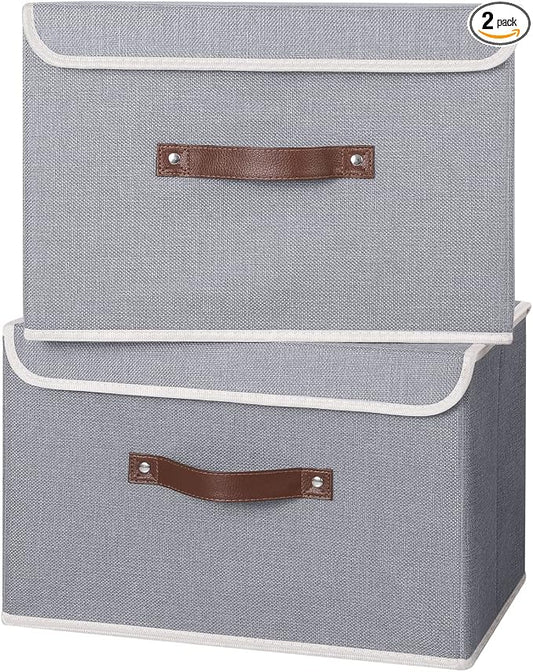 ANMINY 2PCS Storage Bins with Lid PU Leather Handles Storage Boxes PP Plastic Board Decorative Foldable Lidded Cotton Linen Fabric Home Cubes Baskets Closet Organizer Containers - Gray, Large Size