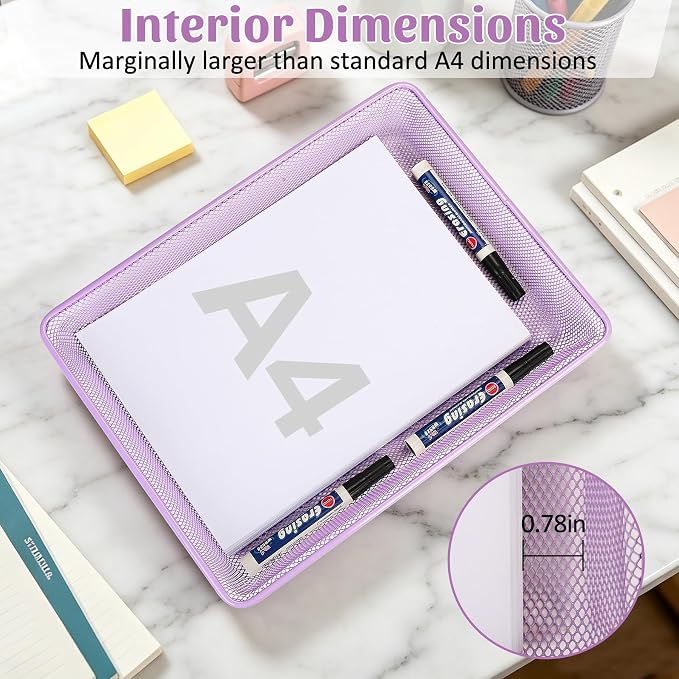 Office Metal Mesh Basket for Desk, Single Paper Tray Organizer, Turn in Trays Classroom, Flat Mail Letter Storage Basket for Office Home Drawers School (5, Purple)