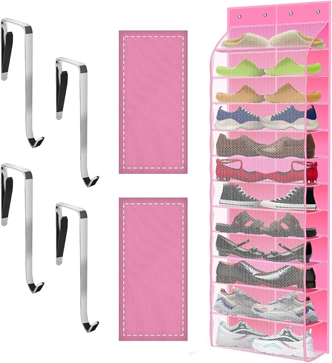 Kotkn Over The Door Shoe Organizer with 12 Large Breathable Pockets - Durable Hanging Storage for the Entire Family's Shoes (Pink)