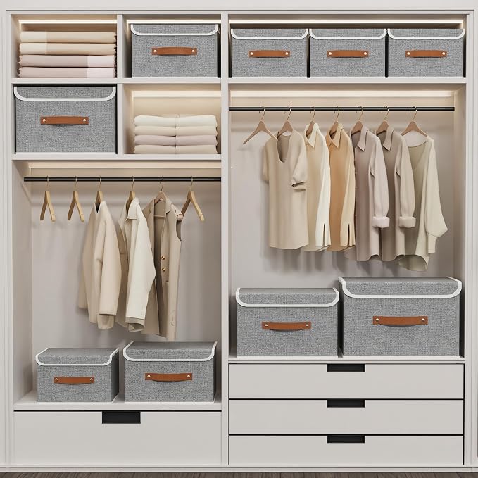 Yawinhe Collapsible Storage Box, Cube Organizer Basket, Fabric Bin with Lids, Washable and Leather Handle for Shelves, Closet, Grey, 10.2x7.9x6.7 In, 1-Pack, SNK024GN-1