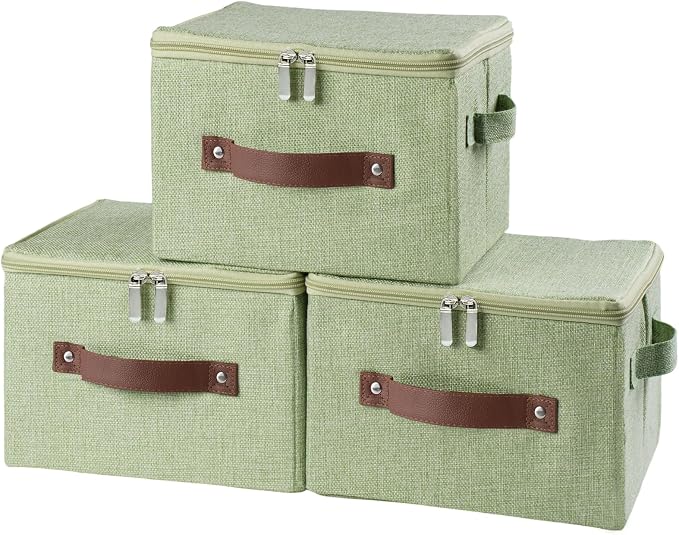 3 Pack Storage Bins with Zipper Lid Fabric Lidded Storage Boxes Baskets Cubes Washable Collapsible PU Leather Handle Cotton Linen Fabric Shelf Closet Organizer Container(Green, Small Size)