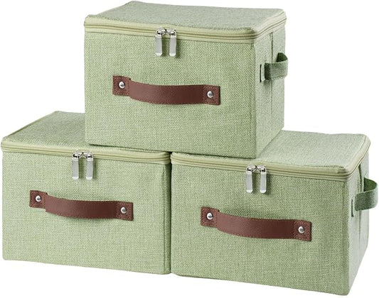 3 Pack Storage Bins with Zipper Lid Fabric Lidded Storage Boxes Baskets Cubes Washable Collapsible PU Leather Handle Cotton Linen Fabric Shelf Closet Organizer Container(Green, Small Size)