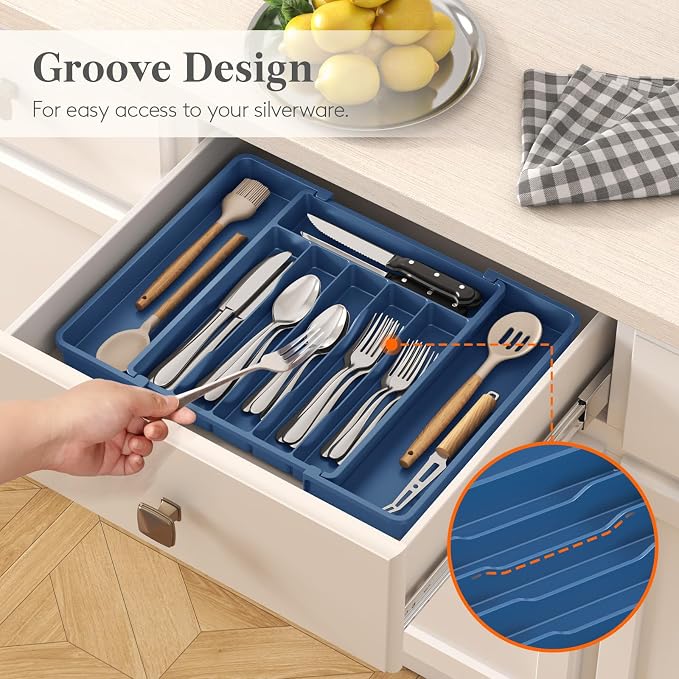 Lifewit Silverware Drawer Organizer, Expandable Utensil Tray for Kitchen, BPA Free Flatware and Cutlery Holder, Adjustable Plastic Storage for Spoons Forks Knives, 10.9"-17.5" x 13.7", Dark Blue
