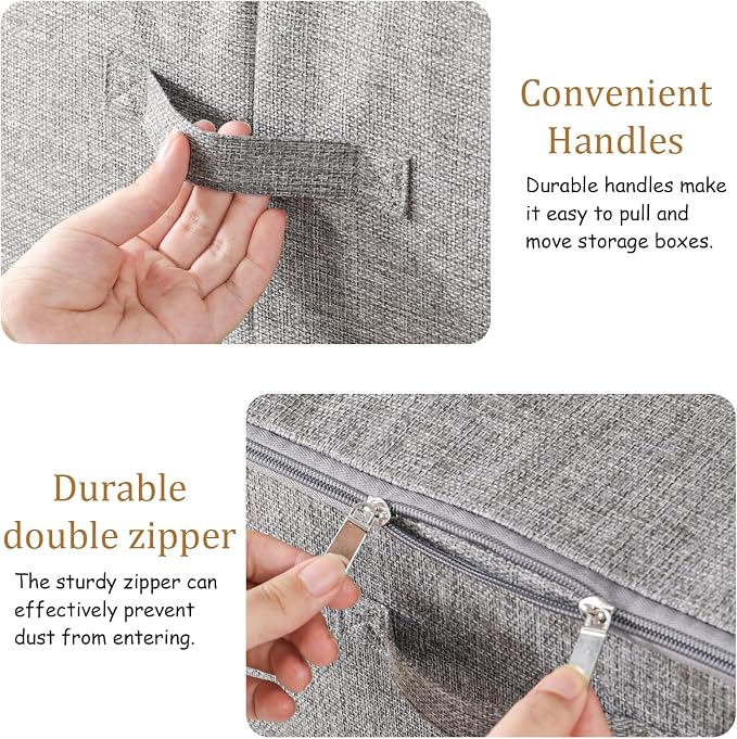 Underbed Storage Boxes with Zippers, Blanket Bags with Lid, Foldable Underbed Storage Bins, Home Basket Container for Organizing Clothes, Shoes, Pillows, 14.9x10.2x5.9Inches, Grey, 2 Pack