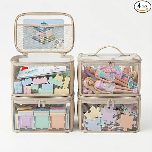 holay Clear Toy Storage Bags with Handle, 4 Pack Playroom Storage Organizer Bins for Kids Toys, Board Games, Busy Bags, and Homeschool Supplies - Transparent PVC with Reinforced Base, Brown, Small