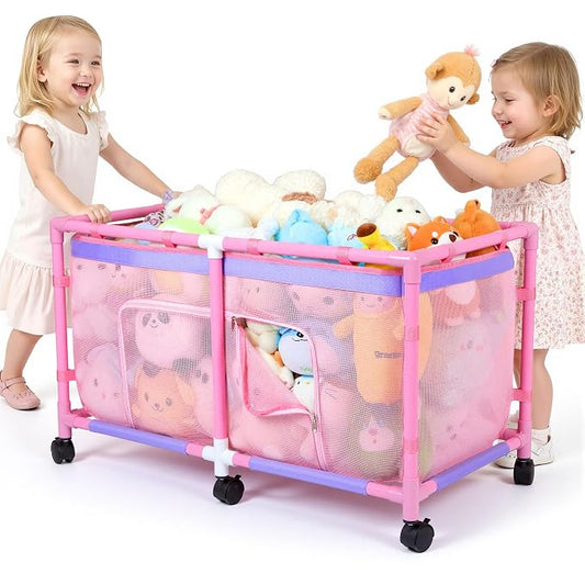 FIOBEE Toy Box for Girls Boys with See-Through Mesh & 360° Rotating Wheels Toy Chest Organizer Easy Install Stuffed Animal Storage for Nursery Playroom Toy Storage Bin, Pink