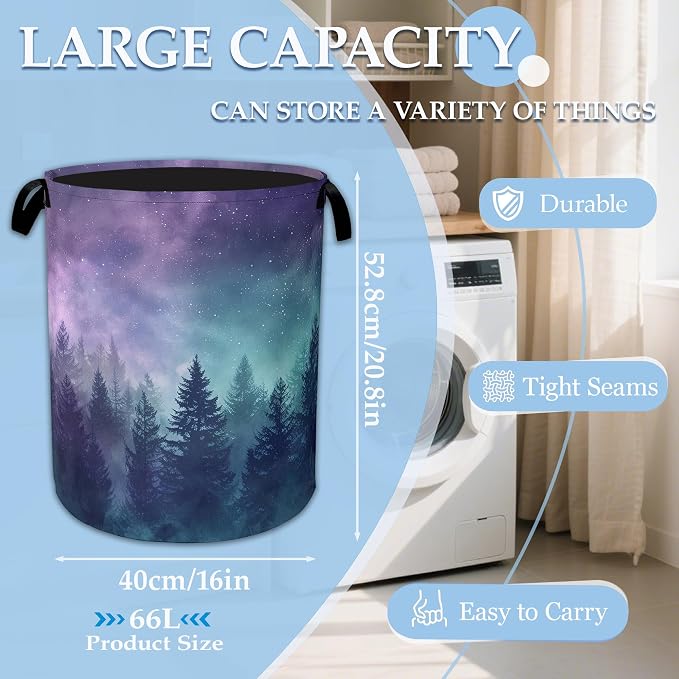 Starry Sky Forest Large Storage Basket Collapsible Laundry Basket Oxford Storage Bin for Gift Baskets Bedroom Clothes Hamper 16" X 20.8"