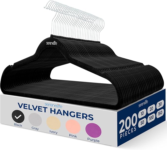 SereneLife Velvet Hangers – 200 Pack, Slim & Space Saving for Closets | Soft velvet grip prevents slipping on silk, satin & knitwear – 360° swivel hook fits all standard closet rods