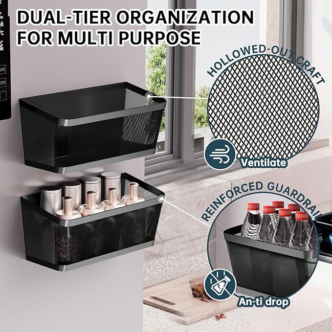2Pcs Magnetic Spice Rack for Fridge Magnet Hanging Basket Holder for Seasonings Fruit Vegetables Coffee Beans Magnetic Organizer Shelf, Kitchen Refrigerator Organizers