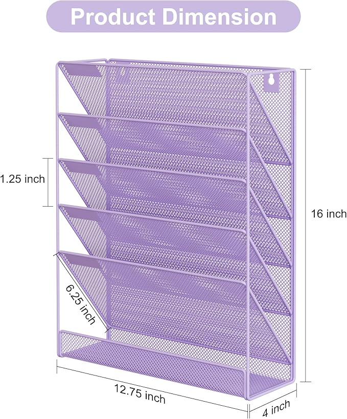 EasyPAG 5 Tier Wall File Holder, Mesh Hanging Folder Organizer with Classify Label, Versatile Desk File Holder, Vertical Wall Mounted Mail Organizer for Office Home Cubicle, Purple