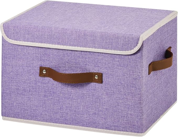 Collapsible Storage Boxes Baskets with Lid Cotton Linen Fabric Storage Bins with Faux Leather Handles Decor Washable Cube Organizer Container for Home Closet Bedroom (Purple, Large Size)