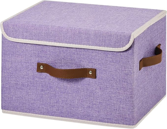 Collapsible Storage Boxes Baskets with Lid Cotton Linen Fabric Storage Bins with Faux Leather Handles Decor Washable Cube Organizer Container for Home Closet Bedroom (Purple, Large Size)