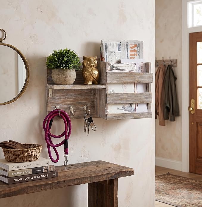 Rustic Wooden Wall-Mounted Key Hooks Holder & Mail Sorter | Farmhouse Decor | 3 Metal Hooks & Small Shelf | Natural Torched Wood | Easy Installation