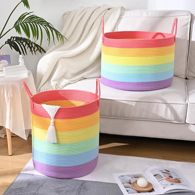Laundry Hamper for Organizing, 52L Large Laundry Baskets, Cotton Rope Woven Blanket Basket, Collapsible Laundry Hamper for Living Room, Nursery, 15"×18", Rainbow