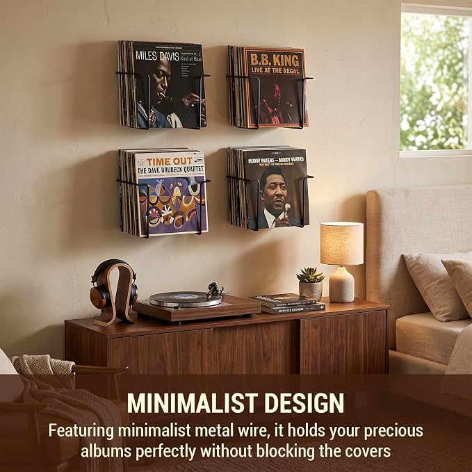 MyGift Modern Metal Wire Record Display Shelf, Vinyl Records Wall Mount Storage Racks, Hanging LP Record Holders, Floating Album Cover Display Shelves, Set of 2 (Black- 4 Pcs)