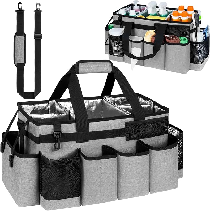 Cleaning Caddy Bag, Extra Large Cleaning Supplies Organizer for Housekeepers, Housekeeping Caddy with Handle and Detachable Padded Cushion, Gray