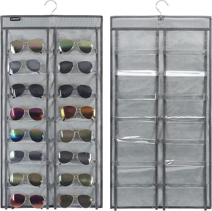 Dual Sided Hanging Sunglasses Organizer Wall Eyeglass Holder Sunglass Rack for Home with 32 Dust Proof Pockets (32 Pockets-Grey)