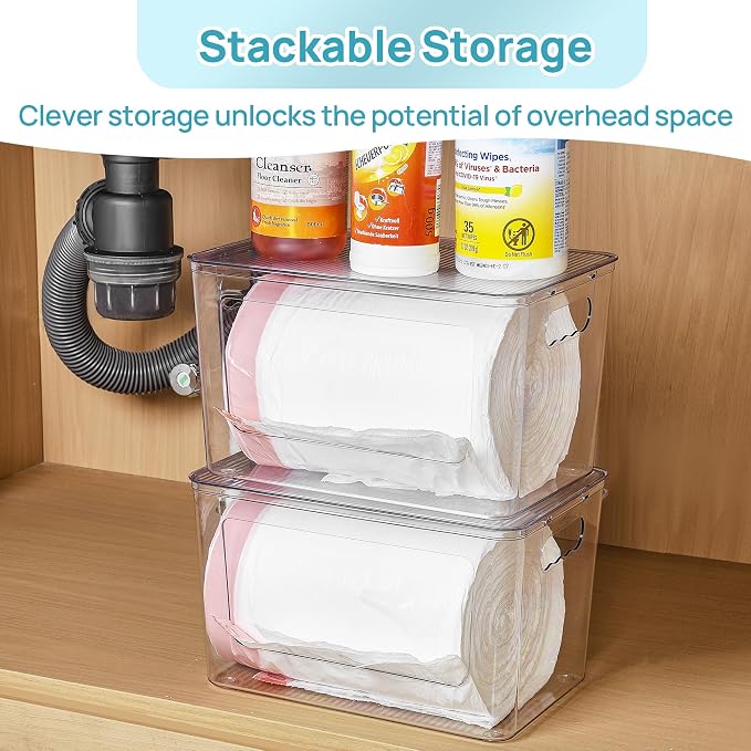 Vtopmart 1 Pack Clear Trash Bag Holder, Stackable Garbage Bag Dispenser | Trash Bag Organizer for 13/30/33 Gallon Bags, Clear Organizer Bins for Under Kitchen Sink, Laundry Room Organization