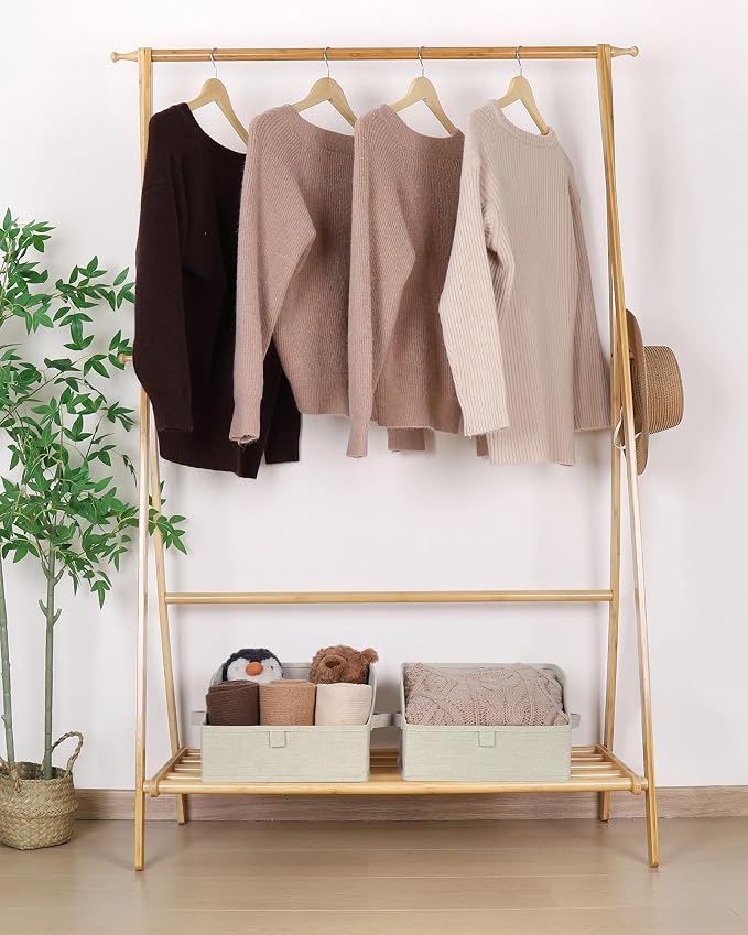 WUIKE, Closet Shelf Organizer, Purse Storage, 3-Pack, Large, Linen Beige | Trapezoid Organizing Bins, Fabric Storage Baskets with Handles, Foldable Storage Bins for Clothes and Blankets