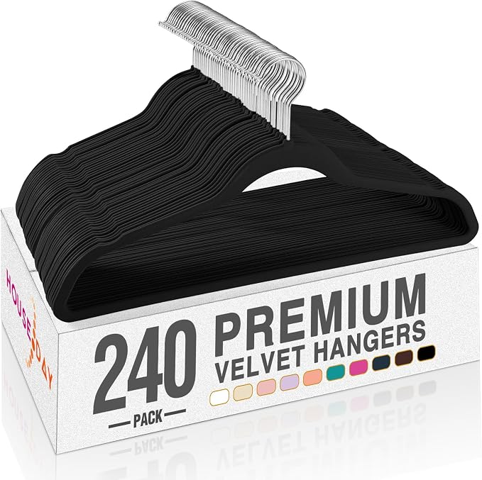 HOUSE DAY Black Velvet Hangers 240 Pack, Premium Clothes Hangers Non-Slip Felt Hangers, Sturdy Black Hangers Heavy Duty Coat Hangers, Durable Suit Hangers, Space Saving No Hanger Mark Rotating Hook