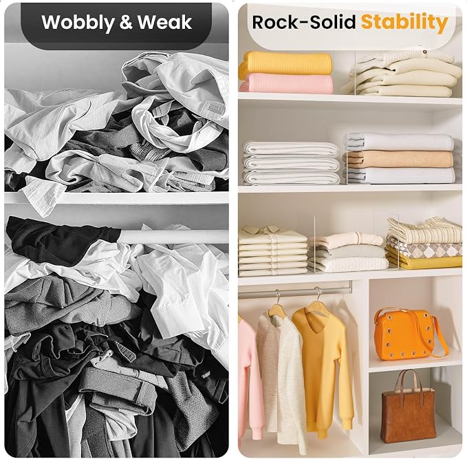 Shelf Dividers for Closet Organization – Acrylic Clear Sturdy Dividers to Keep Clothes, Sweaters & Purses Upright, Free-Standing for Wood Shelves, 10" Tall x 12" Deep, 12 Pack