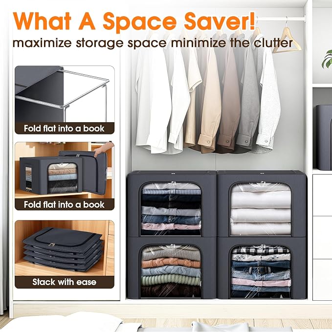 8 Pack Clothes Storage Bins with Metal Frame,Stackable Organizer Bins with Handles for Closet & Bedroom(Light Grey)