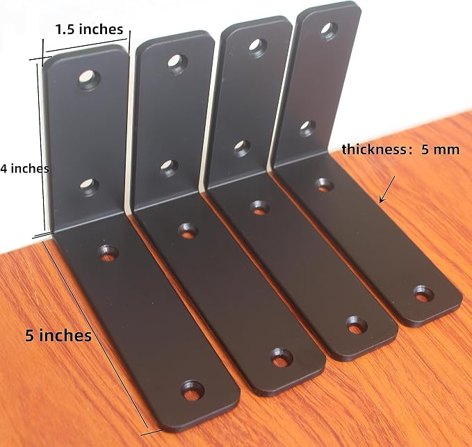 10 Pack - L 5" x H 4" x W1.5, 5mm Thick Black L Shelf Bracket, Iron Shelf Brackets, Metal Shelf Brackets, Floating Shelf, Shelf Supports with Screws