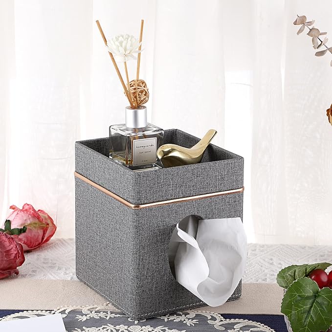 Sumnacon Tissue Box Cover Square Linen Tissue Box, Cube Tissue Box Holder with Top Tray, Stylish Tissue Cover for Bathroom Toilet Living Room Bedroom Table Desk Home Office Car Bar, Grey