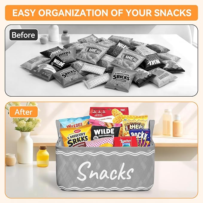 Snack Basket for Pantry & 5 Seal Clips - Snack Bin Organizer for Countertop - Imitation Linen Snack Storage Containers for Storing Chips, Pretzels, Cookies, Popcorn (2, Gray-2 Pack)
