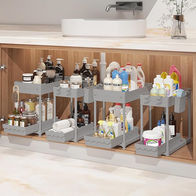 Sevenblue 4-Pack 2-Tier Under Sink Organizer with Pull Out Drawers | Multi-use kitchen & bathroom storage. Includes hanging hooks and cups. Gray, space-saving cabinet design. 14.8 Inch
