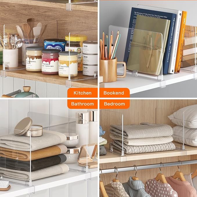 Fixwal 12 PCS Detachable Acrylic Shelf Dividers for Closet Organization Clear Shelf Divider for Closet Organizers and Vertical Purse Organizer for Closet, Bedroom, Kitchen, Office, Cabinets, Bathroom