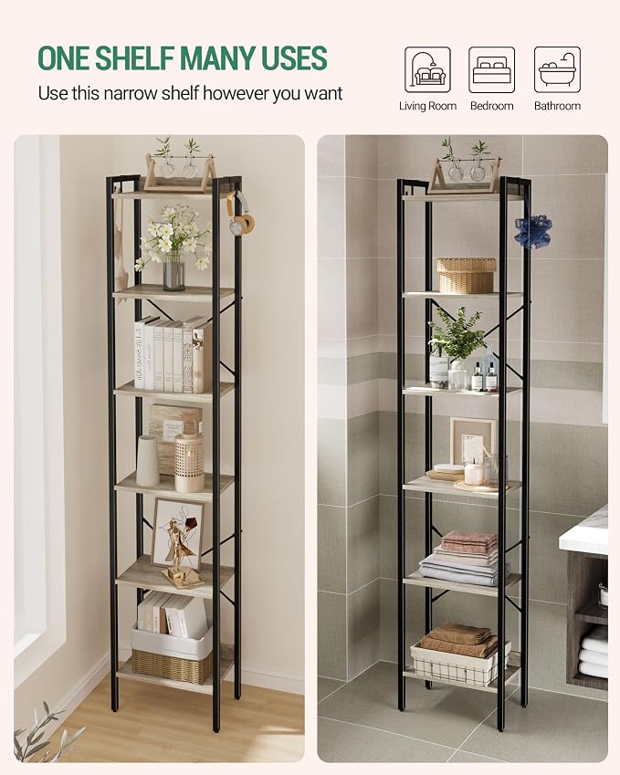 Hzuaneri Bookshelf, Book Shelf, Industrial Bookcase with 2 Hooks, Coner Shelf Storage Organizer for Home Office, Living Room, Bedroom, Kitchen, 6-Tier Greige BC10705B