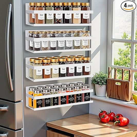 SMRCAD Magnetic Spice Rack for Refrigerator, 4pack Magnetic Shelf for Fridge Space Saving Seasoning Organizer for Any Metal Surface No Drilling Needed (WHITE -cut out, 4pack)