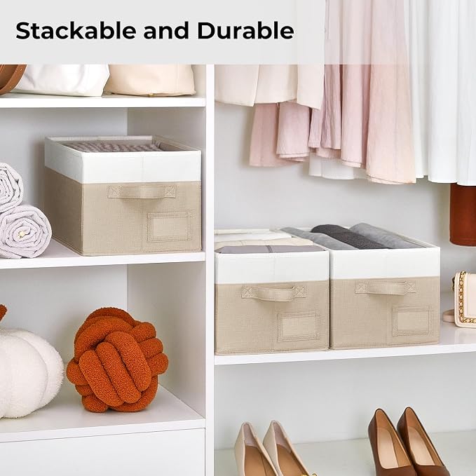 GRANNY SAYS Closet Storage Bins, Storage Baskets for Closet, Fabric Bins for Clothes, Closet Organizer Bins, Clothes Storage Organizer, Khaki&Ivory, Medium, 3-Pack