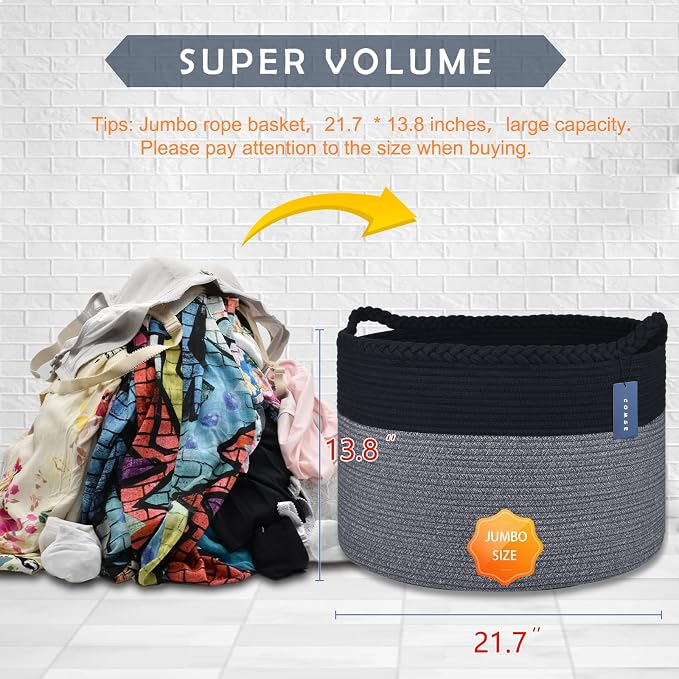 COMSE Extra Large Blanket Basket, Woven Laundry Basket, 21.7”x 13.8”, Nursery Hamper, Cotton Rope Laundry Hamper Living Room for Storage Toys Clothes Towels(Black & Gray)