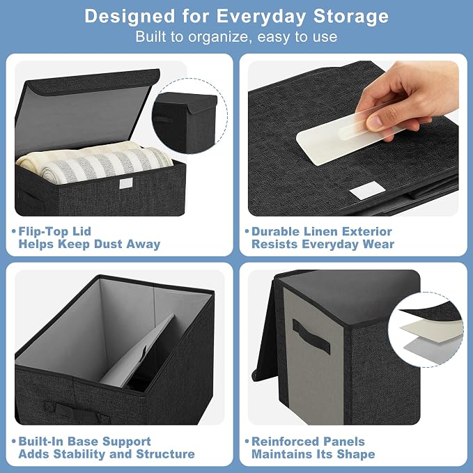 Bagnizer Large 17" 42 Quarts Collapsible Stackable Storage Bins with Lids [3-Pack] Foldable Fabric Linen Storage Boxes Cube, Closet Organizer Baskets with Label (16.7 x 12 x 12, Black)