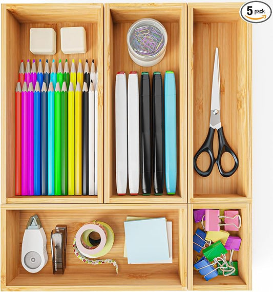 Bamboo Drawer Organizer Boxes, 5 PCS Junk Drawer Organizer, Wooden Storage Trays for Kitchen, Bathroom, Office, Makeup