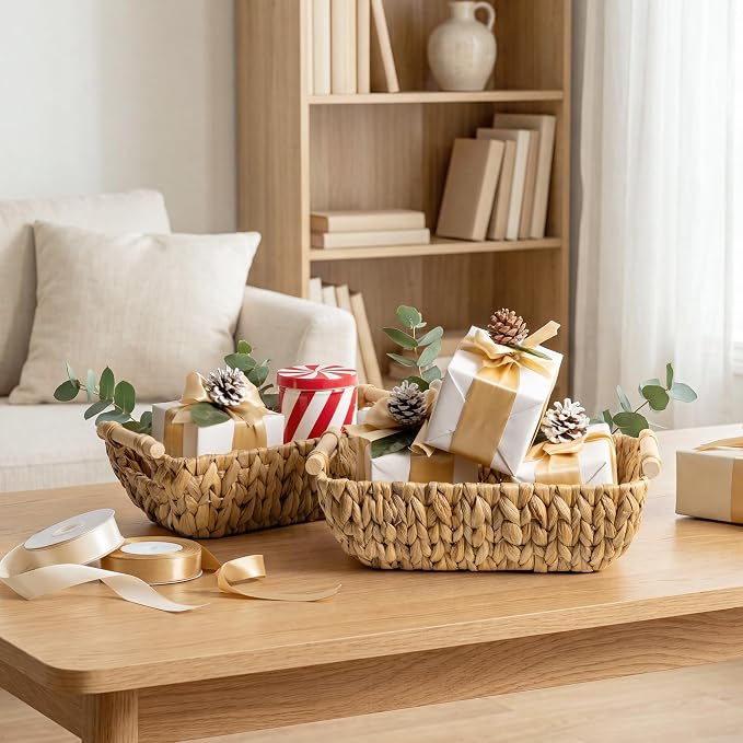 StorageWorks Hand-Woven Small Wicker Baskets, Water Hyacinth Storage Baskets with Wooden Handles, 2-Pack