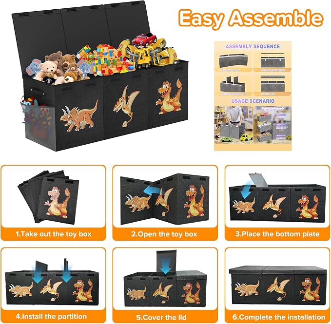 Extra Large Toy Box Chest, Collapsible Sturdy Toy Storage Organizer Boxes Bins Baskets Dinosaur Kids Toy Chest Bin with Lids for Boys Girls Living Room Playroom Bedroom Nursery 41"x14"x16" Black