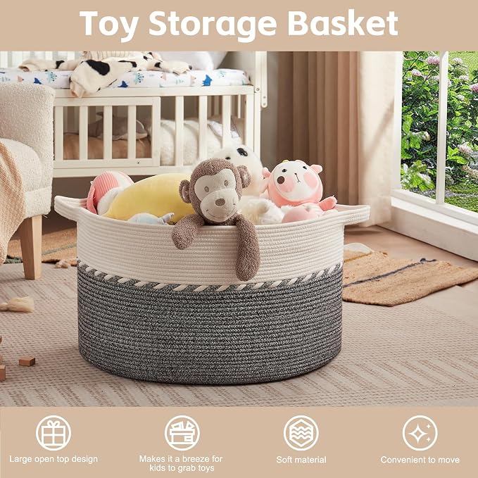 OIAHOMY 125L Extra Large Blanket Basket, 25" x 16", Jumbo Laundry Hamper, Cotton Rope Basket with Handles,Baby Toy Storage Bins,Black