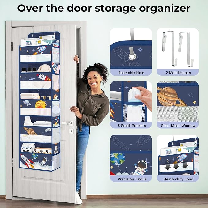 Clastyle Blue Space Over The Door Organizer Storage Planet Rocket 5 Shelves Closet Nursery Hanging Shelves Clothes Diaper Stuffed Animal Toy Storage for Newborn Baby Essential