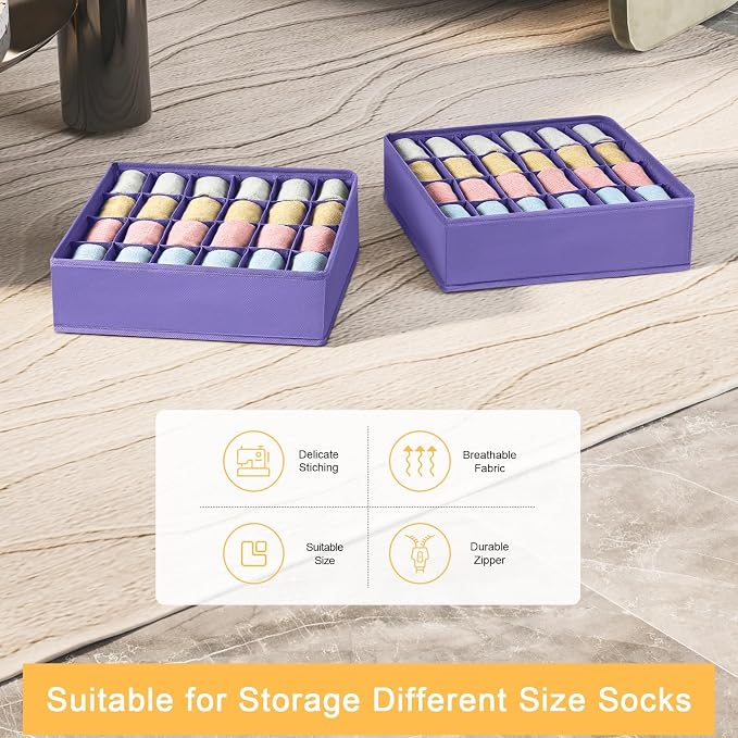 joyoldelf Sock Drawer Organizer Divider 4 Packs Underwear Organizer, 24 Cell Closet Organizers and Storage Organizer Sock Holders Organizers for Storing Socks, Handkerchiefs, Ties, Belts (Purple)