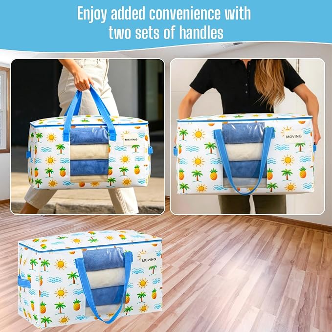 VENO 4 Pack Heavy Duty Moving Bags, Clothes and Comforter Storage Bags with Clear Window, College Dorm Essentials Packing Supplies, Foldable Boxes Alternative (Tropical Island, 4 Pack)
