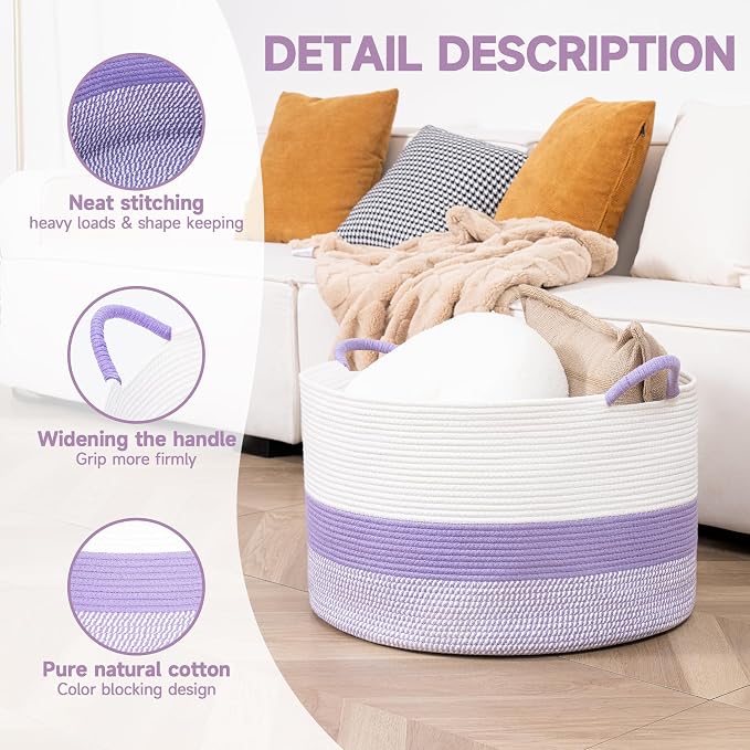 CLHMILY&Z Round Cotton Rope Storage Basket - 22x14.2 Inches - Cute Nursery Bin, Baby Toy Organizer, Lavender Organizer for Home Decor, Multi-Purpose Home Tidy Solution