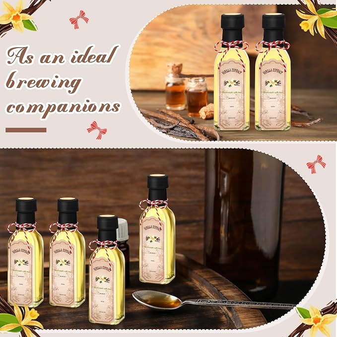 Tioncy 12 Pcs Vanilla Extract Bottles for Homemade Vanilla Jar Glass Square Bottle with Cap Shrink Band Sticker Syrup Food Storage Canister for Liquids Bean Sauce Spice Gift Giving (Black,5 oz)