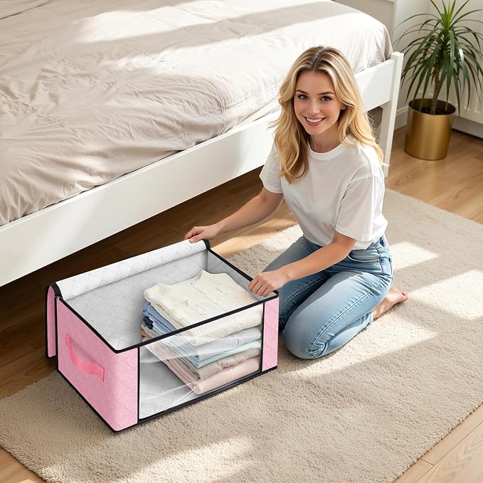 Fab totes 35L Closet Organizers and Storage, Foldable Under Bed Storage Containers, Storage bags for Organizing Bedroom, Closet, Clothing,Organization with Handle (10 Pack,Pink)