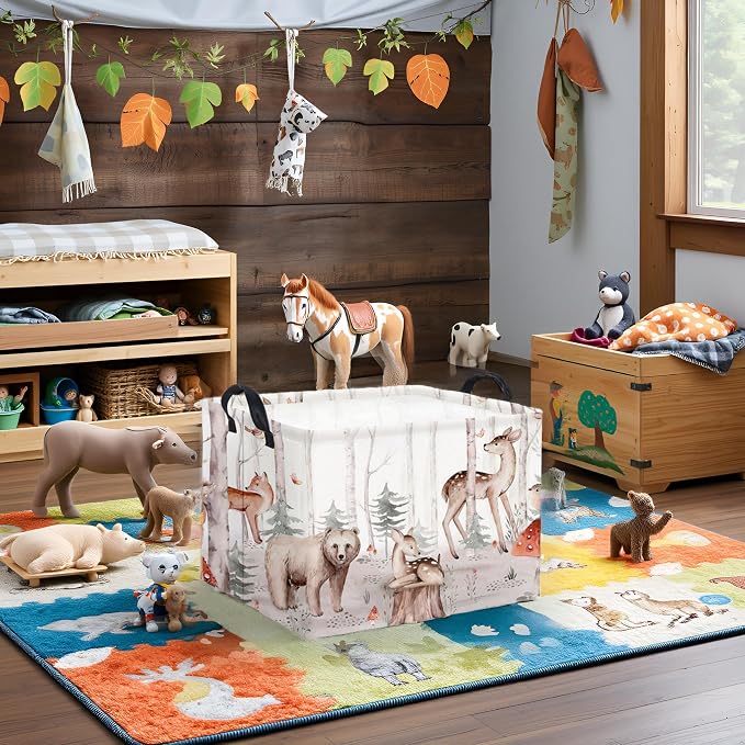 Rectangular Woodland Animal Basket Kids Baby Storage Basket Cute Storage Bin Organizer Shelf Book Woodland Room Decor(Woodland Animal)